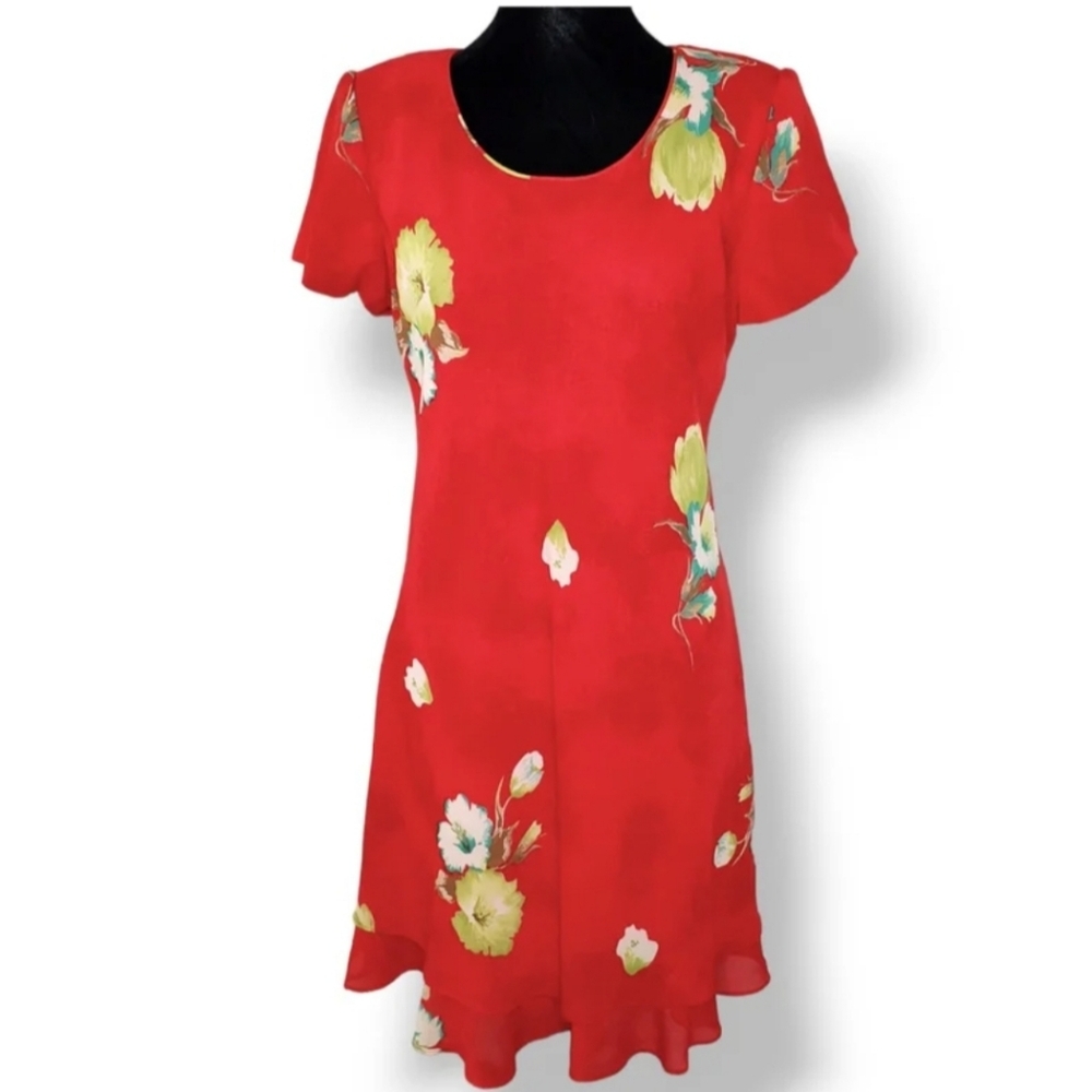 Hampton Dress Co Size 10 Red Floral Dress Swing Tiered Hem Wedding Prom Tropical